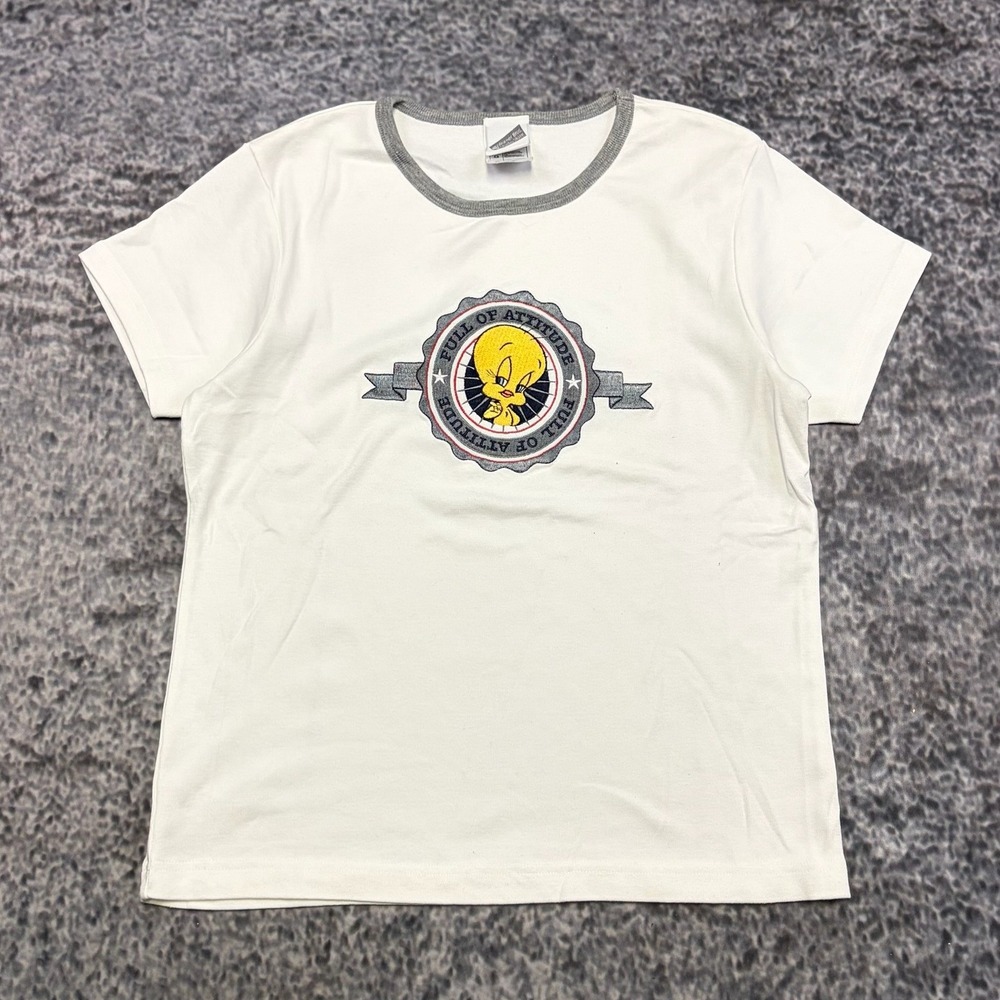 Vintage Tweety Bird Shirt Short Sleeve 'Full Of Attitude' Womens Large White Y2K